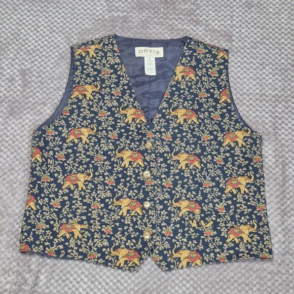 Vintage Orvis Elephant Womens Vest Button Front Medium Boho Retro Navy Corduroy - Picture 1 of 7